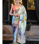 sky blue digital print satin saree with unstitched blouse
