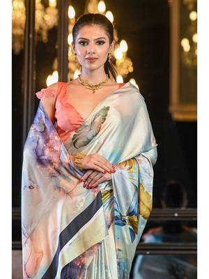 sky blue digital print satin saree with unstitched blouse 2