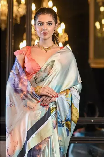 sky blue digital print satin saree with unstitched blouse