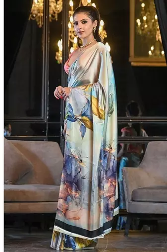 sky blue digital print satin saree with unstitched blouse