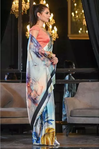 sky blue digital print satin saree with unstitched blouse