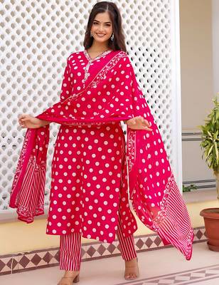  ethnic handprinted rayon printed designer indian suit set kurti pant & dupatta set 1
