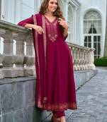 Floral embroidered silk v neck kurta trouser & dupatta set
