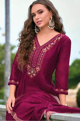 Floral embroidered silk v neck kurta trouser & dupatta set