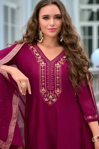 Floral embroidered silk v neck kurta trouser & dupatta set