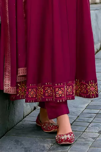 Floral embroidered silk v neck kurta trouser & dupatta set