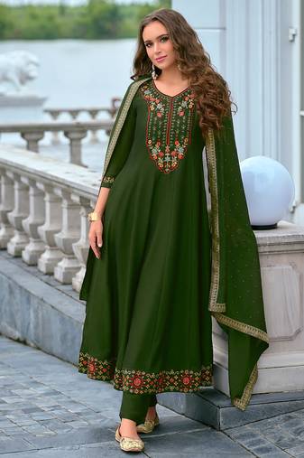Floral embroidered silk v neck kurta trouser & dupatta set