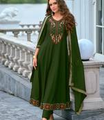 Floral embroidered silk v neck kurta trouser & dupatta set