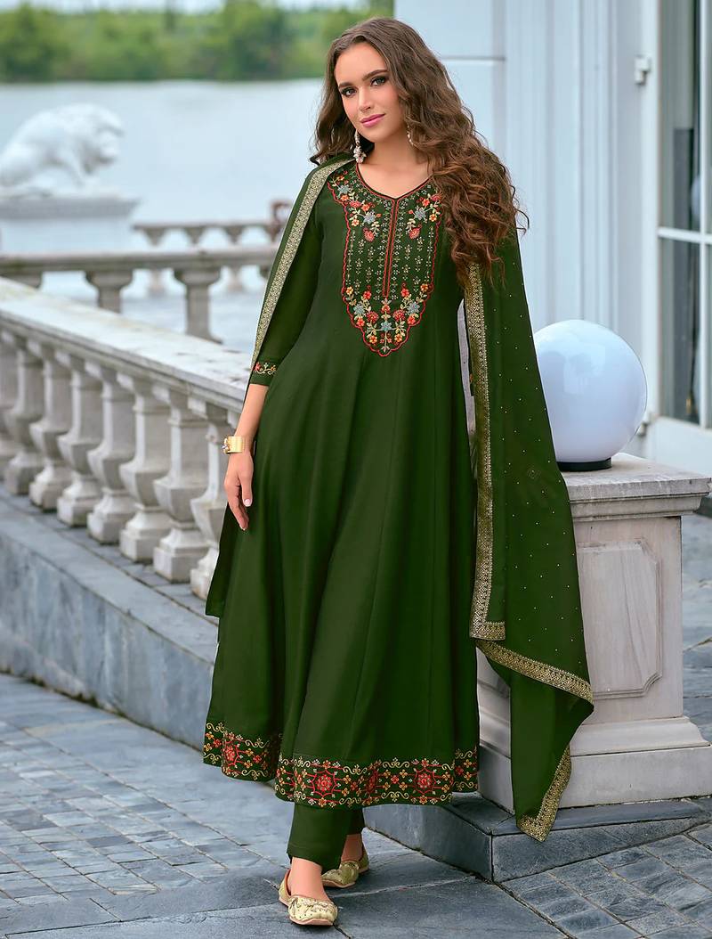 Floral embroidered silk v neck kurta trouser & dupatta set