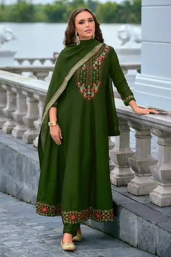 Floral embroidered silk v neck kurta trouser & dupatta set