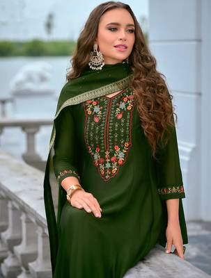Floral embroidered silk v neck kurta trouser & dupatta set 3