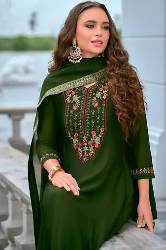 Floral embroidered silk v neck kurta trouser & dupatta set