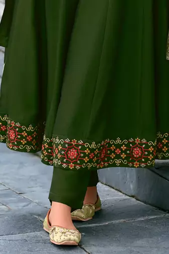 Floral embroidered silk v neck kurta trouser & dupatta set
