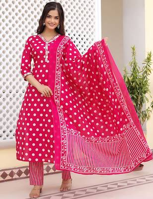  ethnic handprinted rayon printed designer indian suit set kurti pant & dupatta set 3