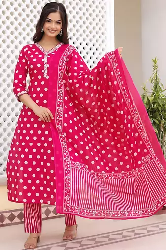  ethnic handprinted rayon printed designer indian suit set kurti pant & dupatta set