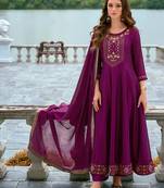 Floral embroidered silk v neck kurta trouser & dupatta set