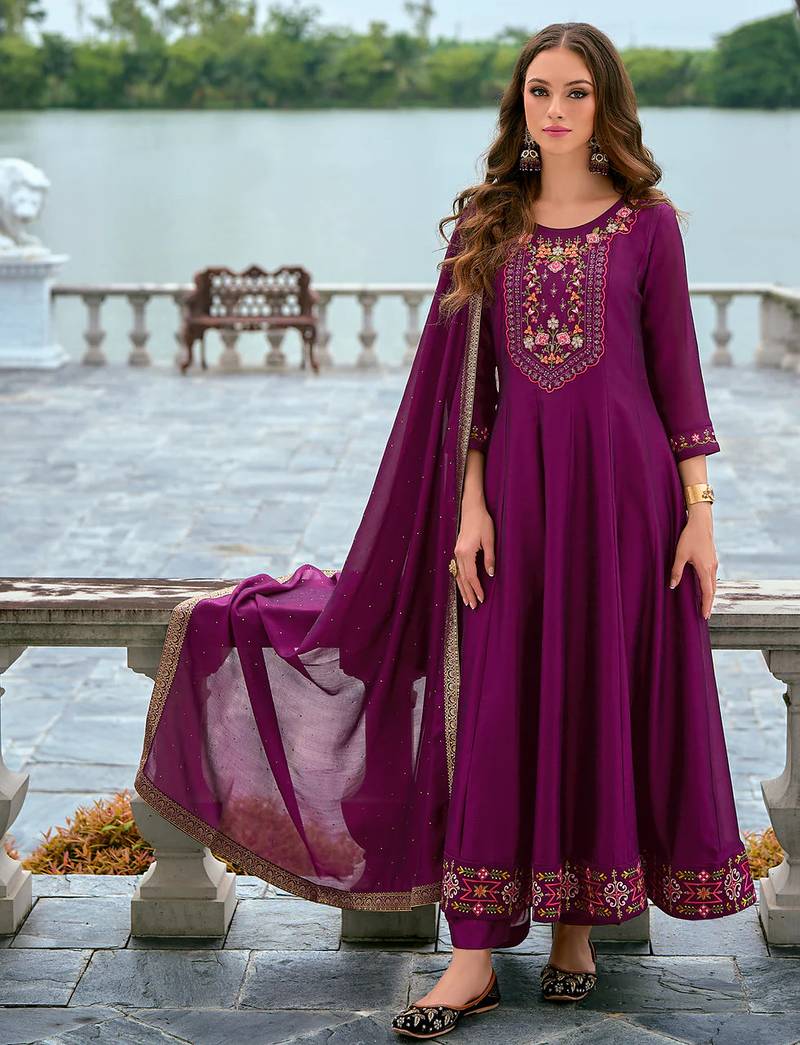 Floral embroidered silk v neck kurta trouser & dupatta set