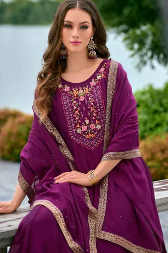 Floral embroidered silk v neck kurta trouser & dupatta set