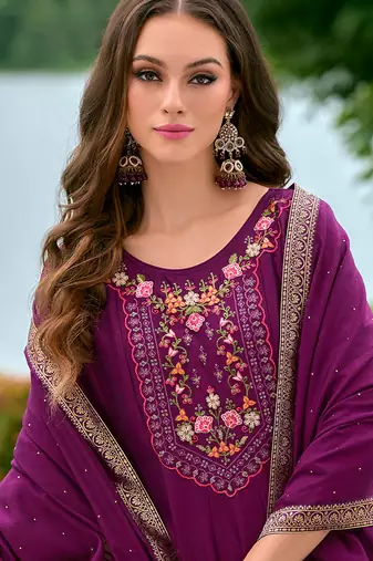 Floral embroidered silk v neck kurta trouser & dupatta set