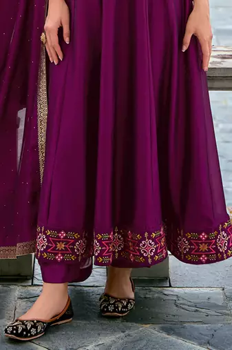 Floral embroidered silk v neck kurta trouser & dupatta set