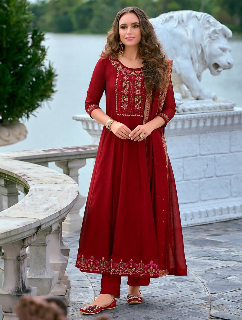 Floral embroidered silk v neck kurta trouser & dupatta set