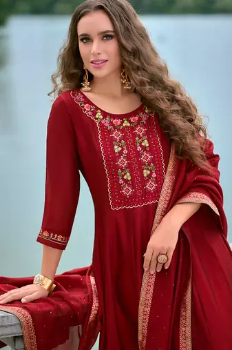 Floral embroidered silk v neck kurta trouser & dupatta set