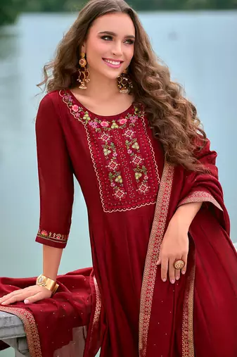 Floral embroidered silk v neck kurta trouser & dupatta set