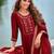 Floral embroidered silk v neck kurta trouser & dupatta set