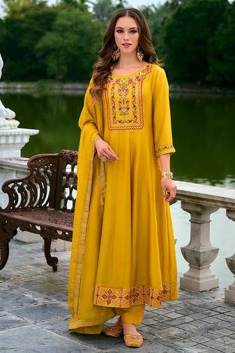 Floral embroidered silk v neck kurta trouser & dupatta set