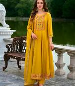 Floral embroidered silk v neck kurta trouser & dupatta set