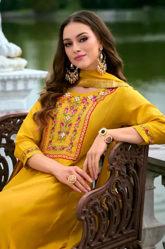 Floral embroidered silk v neck kurta trouser & dupatta set