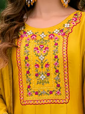 Floral embroidered silk v neck kurta trouser & dupatta set 3