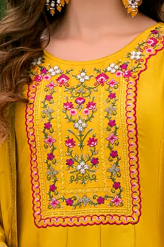 Floral embroidered silk v neck kurta trouser & dupatta set