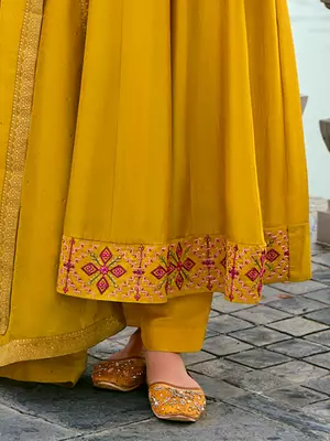 Floral embroidered silk v neck kurta trouser & dupatta set 4