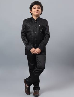 Boys black satin indo western sherwani & trouser set with sequined waistcoat 1