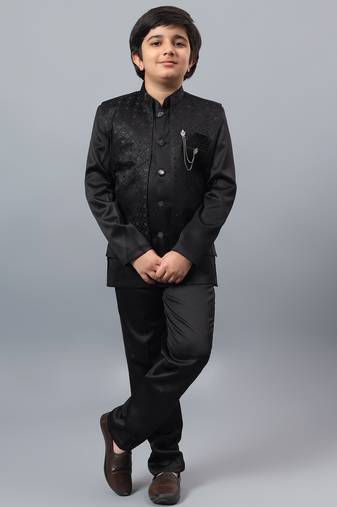 Boys black satin indo western sherwani & trouser set with sequined waistcoat