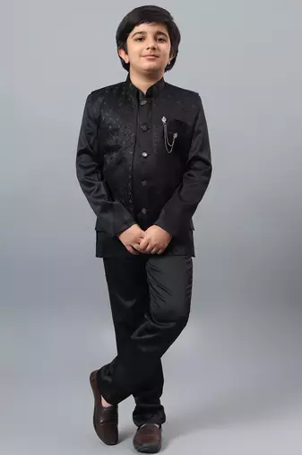 Boys black satin indo western sherwani & trouser set with sequined waistcoat