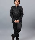 Boys black satin indo western sherwani & trouser set with sequined waistcoat