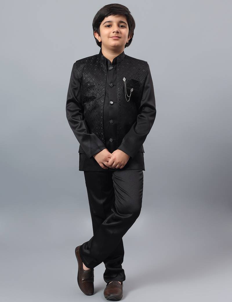 Boys black satin indo western sherwani & trouser set with sequined waistcoat