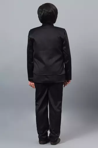 Boys black satin indo western sherwani & trouser set with sequined waistcoat