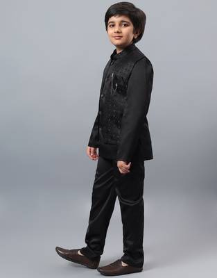 Boys black satin indo western sherwani & trouser set with sequined waistcoat 4