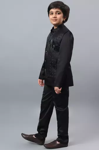 Boys black satin indo western sherwani & trouser set with sequined waistcoat