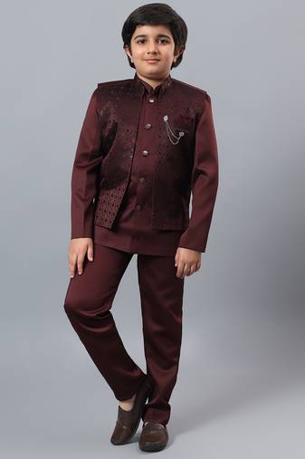 Boys maroon satin indo western sherwani & trouser set with sequined waistcoat