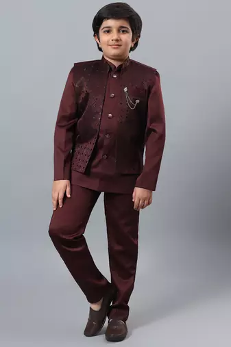 Boys maroon satin indo western sherwani & trouser set with sequined waistcoat