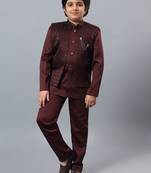Boys maroon satin indo western sherwani & trouser set with sequined waistcoat