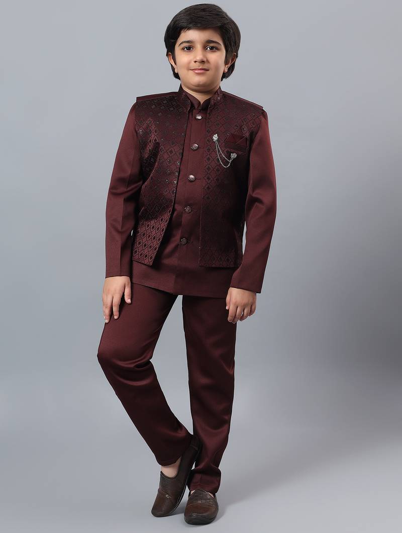 Boys maroon satin indo western sherwani & trouser set with sequined waistcoat