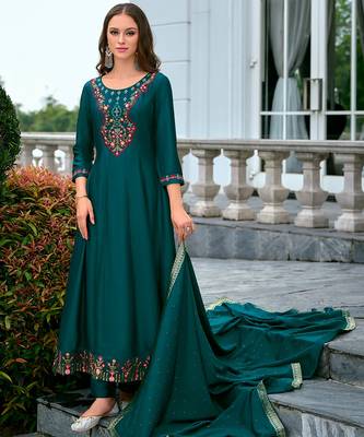 Floral embroidered silk v neck kurta trouser & dupatta set 1