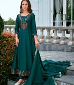 Floral embroidered silk v neck kurta trouser & dupatta set