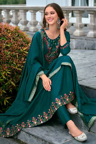 Floral embroidered silk v neck kurta trouser & dupatta set