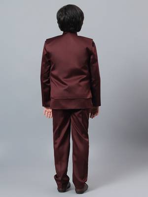 Boys maroon satin indo western sherwani & trouser set with sequined waistcoat 2